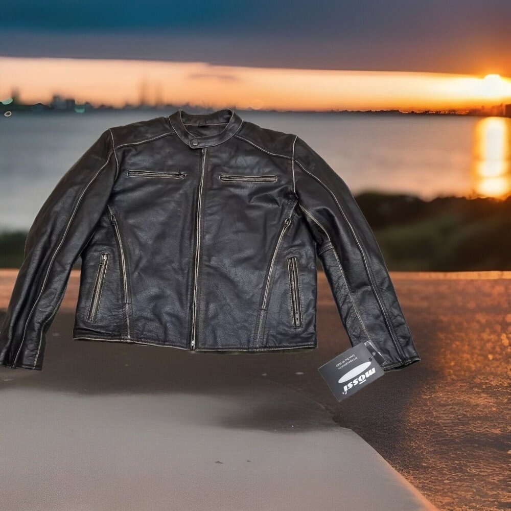 ✅Men’s 44 Mossi Motorsports Apparel Black Leather Biker Jacket W/Zip Out Liner